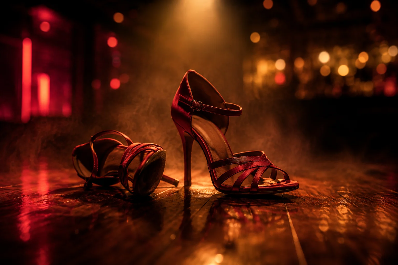 Salsa dance shoes on a polished dancefloor